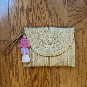 Woven Tan Clutch with Tassels